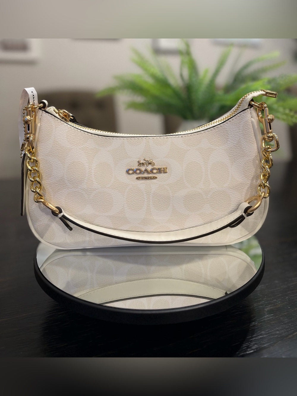 Coach Cream Signature Hobo Shoulder Bag with Gold Chain Trim